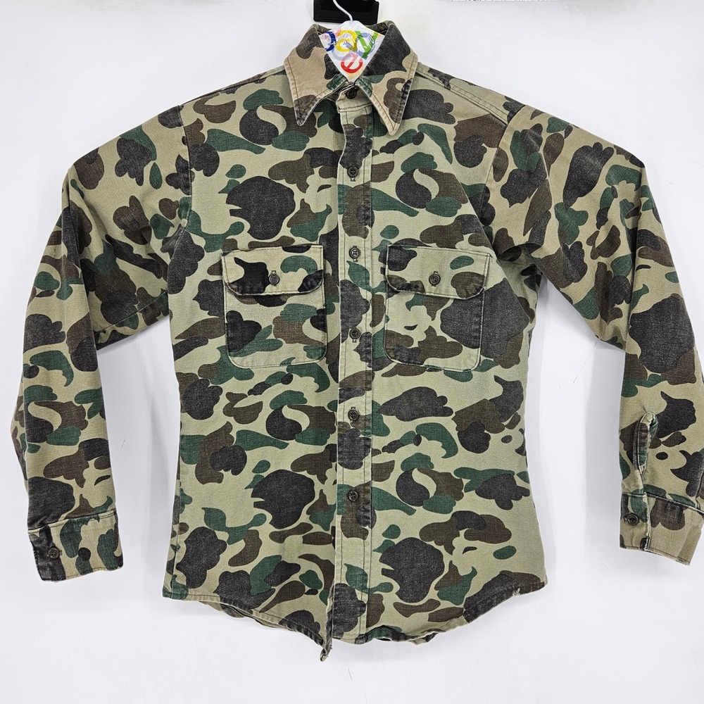Vintage 70s Five Brothers Camo Hunting Shirt Mens Small Distressed USA Rare